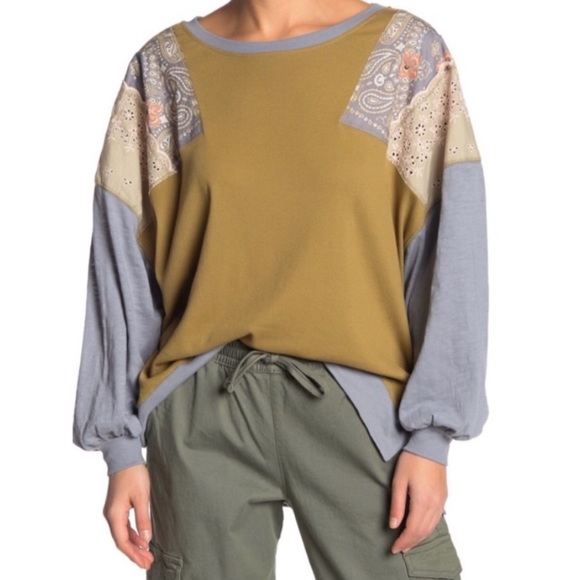 Free People Tops - Feelin It Embroidered Shirt in Army Combo